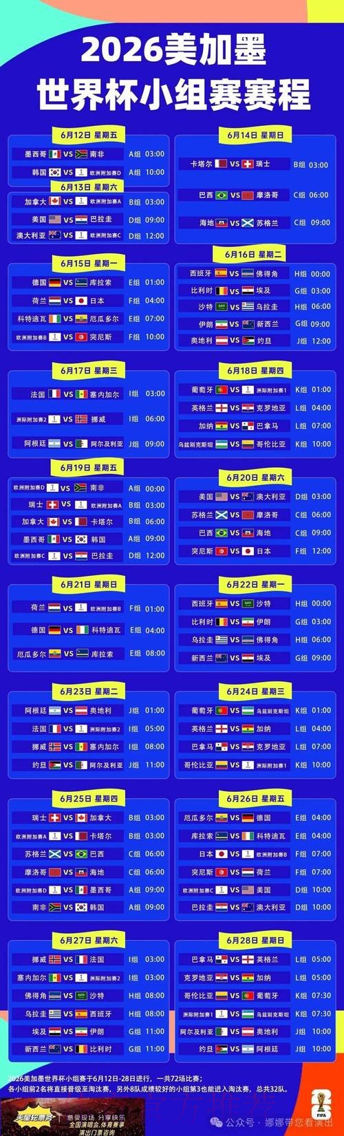 2026世界杯小组赛赛程官方发布全程直播查询入口